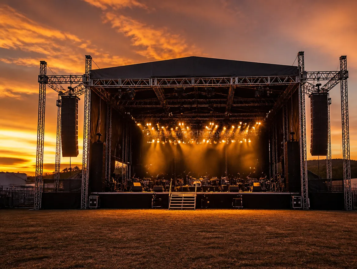 Escenario de concierto con estructura de truss y luces ámbar al atardecer