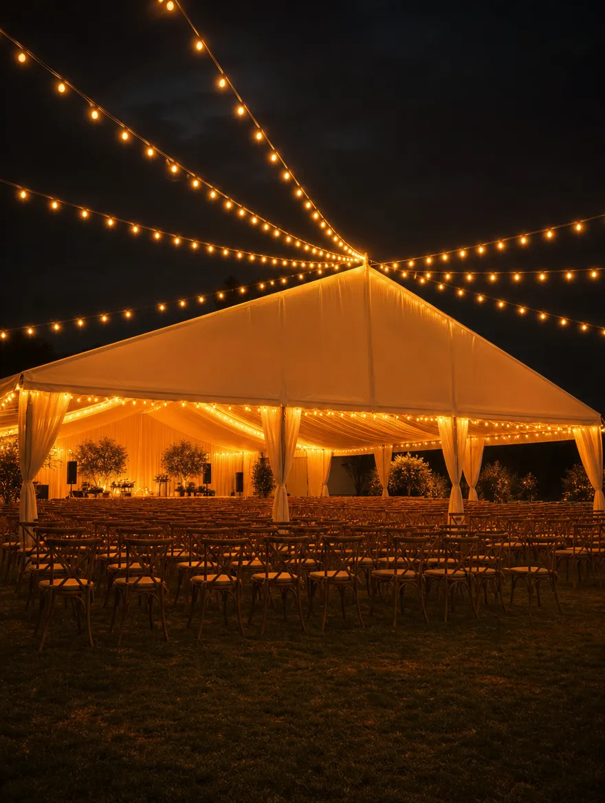 Carpa de evento iluminada con luces ámbar al atardecer, recién montada